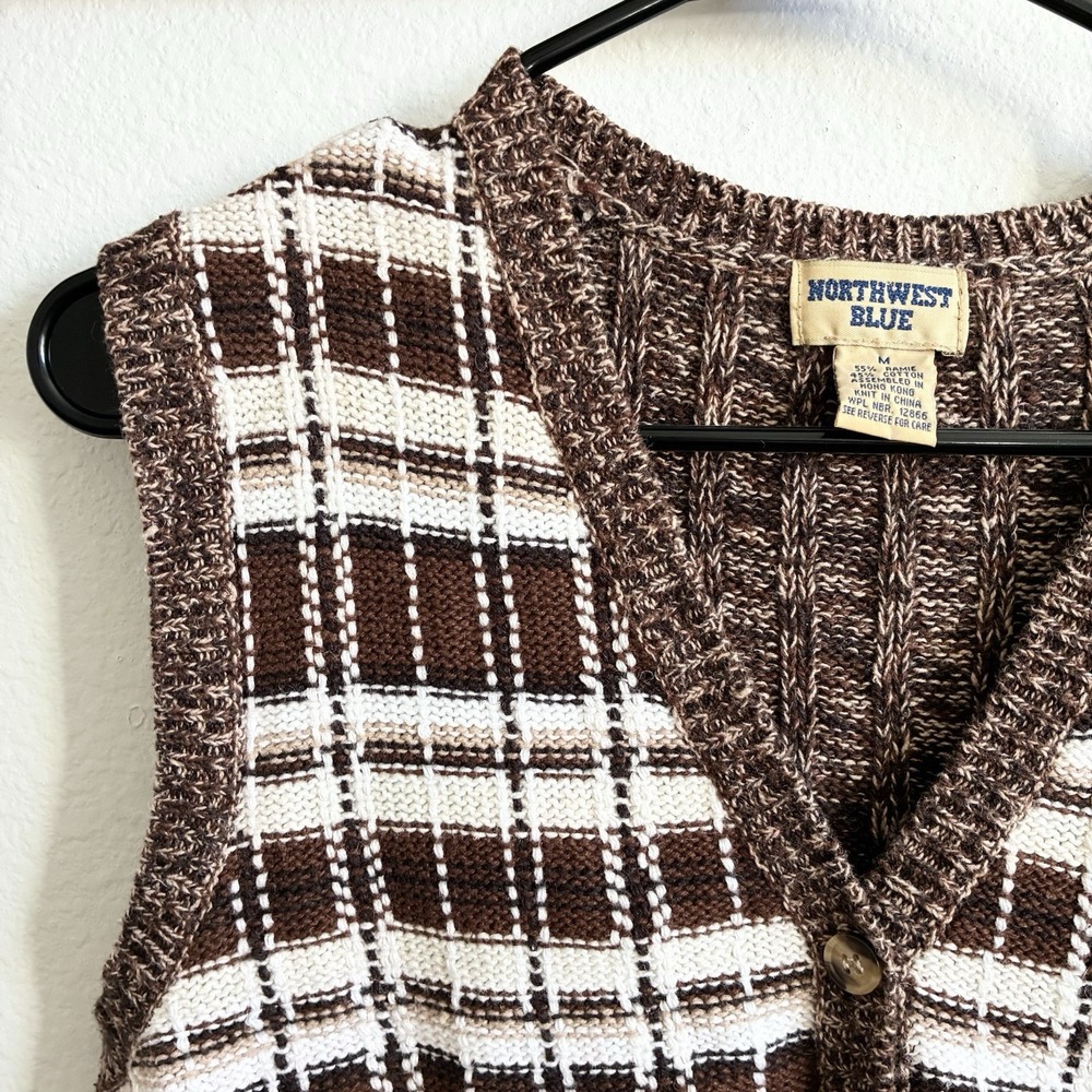 VTG Plaid V Neck Knit Brown Academia Retro Button Front Sweater Vest Medium - Picture 3 of 6